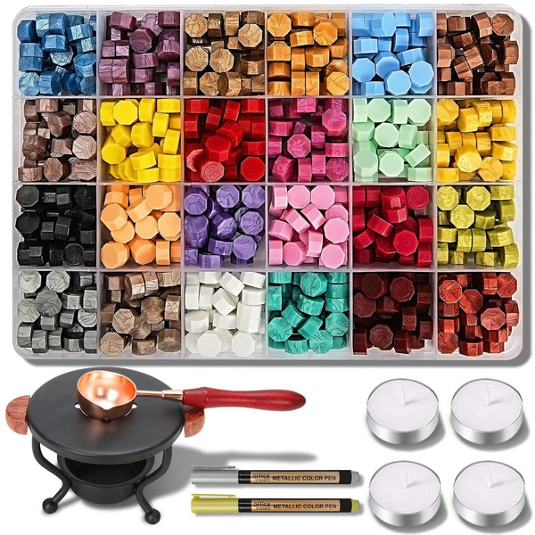 YIPLED Sealing Wax Kit - 728 Pcs with 24 Color Beads, 2 Pens, Warmer, Stamp Spoon and Candles for Gift & Envelope Sealing, Wedding Invitation