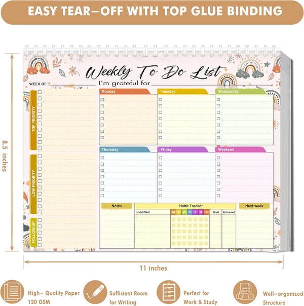 Weekly Planning To-Do-List Pad, 52 Undated Sheets for Daily To-Do Lists, Habit Tracking, Academic Scheduling, and Productivity Goals - Perfect for