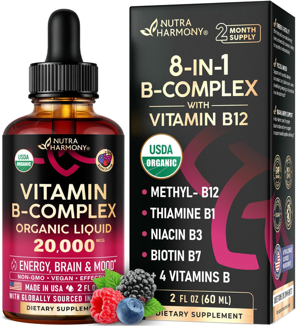 USDA Organic Vitamin B-Complex B5 Pantothenic Acid | B12 Methylcobalamin | B1 Thiamine | B6 Pyridoxine | B7 Biotin | B9 Folic | B3 Niacinamide - B