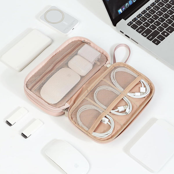 NISHEL Travel Cord Organizer Case, Double Layers Tech Electronic Bag, Essentials for Charger, Cable, Phone, Flash Drive, Pink