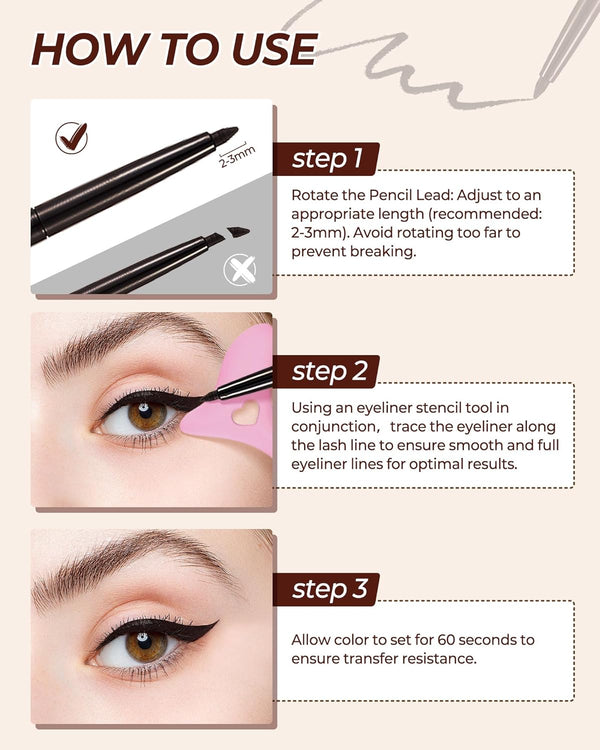 Black Eyeliner Pencil Retractable Gel Eyeliner Pencil Built in Sharpener Waterproof Smudge Proof Waterline Eye Liner Pencil Smooth Creamy Texture