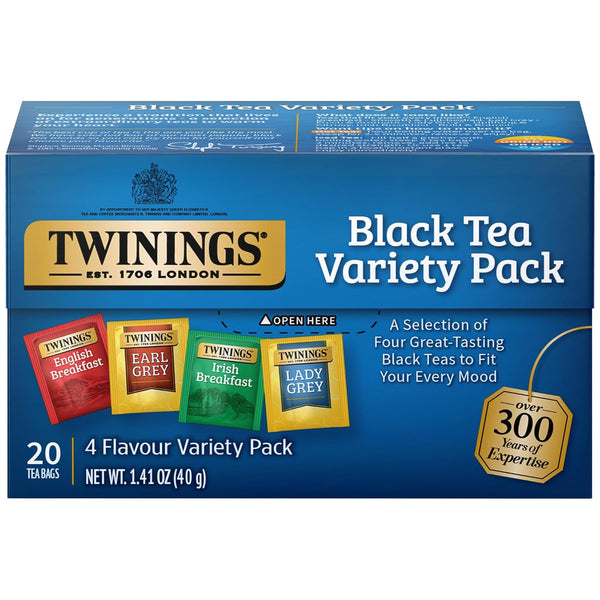 Twinings Black Tea Variety 3-Pack with Earl Grey Tea, English Breakfast Tea, Irish Breakfast Tea, and Lady Grey Tea Bags, Individually Wrapped, 20