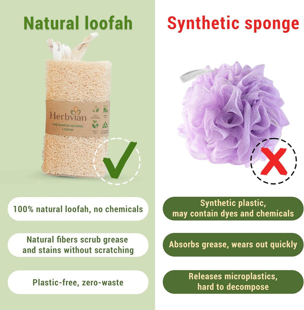 Natural Vietnamese Loofah Sponge, 100% Plant-Based Luffa Exfoliating Body Scrubber for Shower, Multi-Functional for Kitchen, Ideal for Men &