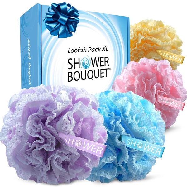Loofah-Bath-Sponge Lace-Mesh-Set // 2-Scrubs-in-1 by Shower Bouquet/Large Full 60g Pouf (4 Pack Spa Colors) Body Luffa Loofa Loufa Puff -