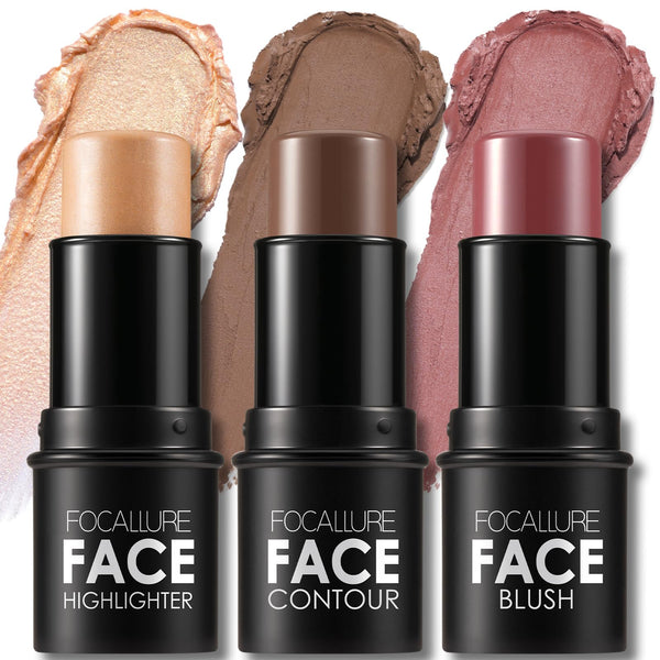 FOCALLURE 3 Pcs Cream Contour Sticks,Shades with Highlighter & Bronzer & Blush,Non-Greasy Long-Wear Face Contouring Pen,Easy to Sculpt the Face