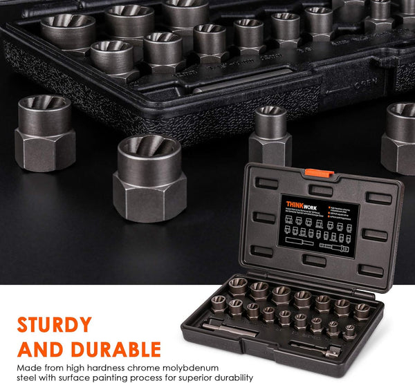 THINKWORK Bolt Extractor Kit, 18-Piece Nut Extractor Socket Set, 3/8" Drive Rounded Bolt Remover, Lug Nut Removal Tool for Damaged, Rusted,