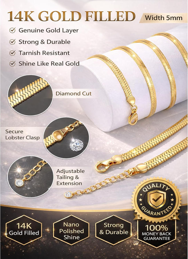 CHESKY Gold Necklace for Women-14K Plated Sterling Silver Snake Chain Necklace Dainty Simple Chunky Herringbone Necklace Choker Necklaces Jewelry