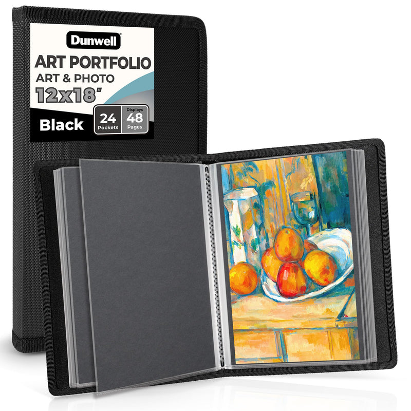 Dunwell 12X18 Art Portfolio Binder with Mounting Paper (Black), Large Portfolio Folder for Artwork Storage, 24 Clear Sleeves Display 48 Pages, 12