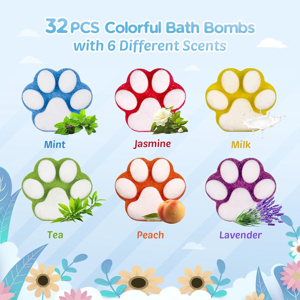 Bath Bombs for Kids with Surprise Inside, 32 Pack Paw Bath Bombs with Toy, Ocean Animals and Space Planet Toys SPA Fizzy Handmade Natural Bath
