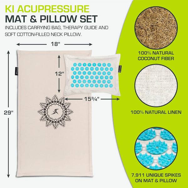 ProsourceFit Ki Acupressure Mat and Pillow Set with 100% Natural Linen for Back/Neck Pain Relief and Muscle Relaxation Natural Aqua