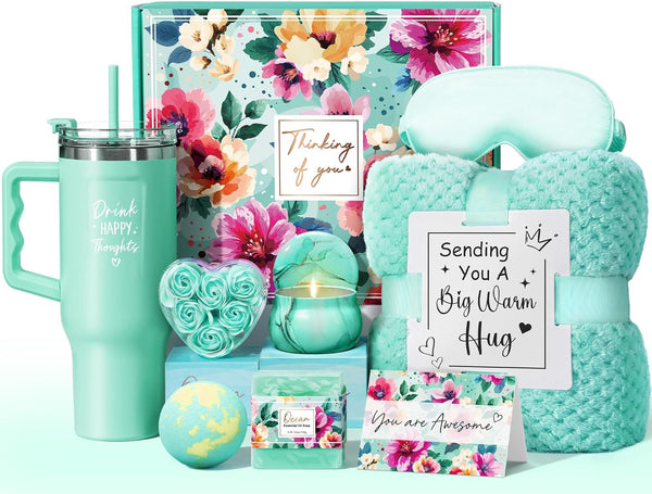 Birthday Gifts for Women Self Care Gifts Get Well Soon Gifts, Ocean Relaxing Spa Gifts Basket Care Package W/ Luxury Flannel Blanket 40 Oz