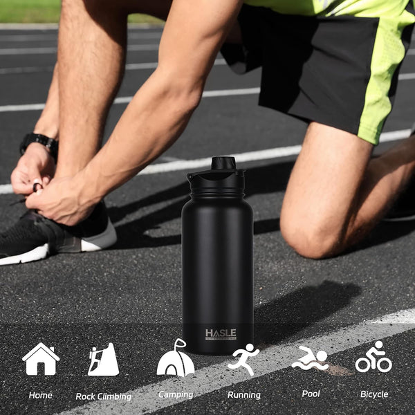 HASLE OUTFITTERS 32 Oz Insulated Water Bottle Stainless Steel Double Walled Vacuum Sports Water Bottle with 2 Lids (Straw and Spout Lid) for Gym