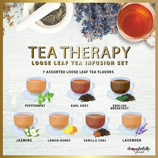 Thoughtfully Gourmet, Tea Therapy Infusion Gift Set, 7 Unique Flavors and Reusable Copper Ball Infuser, Loose Leaf Tea Set Flavors Include