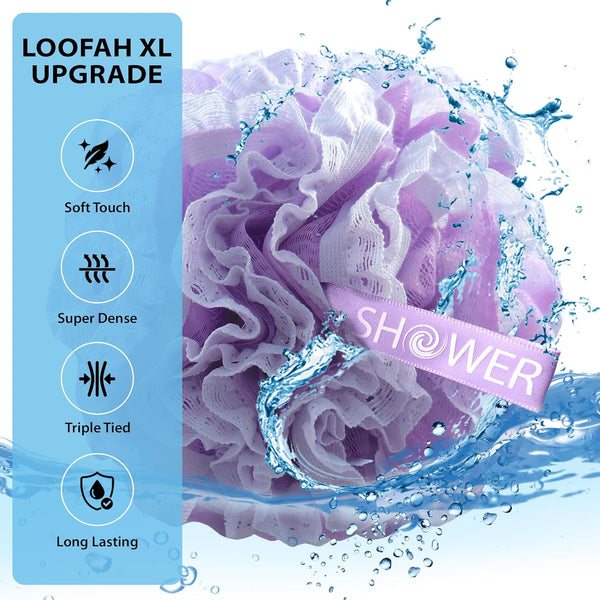 Loofah-Bath-Sponge Lace-Mesh-Set // 2-Scrubs-in-1 by Shower Bouquet/Large Full 60g Pouf (4 Pack Spa Colors) Body Luffa Loofa Loufa Puff -