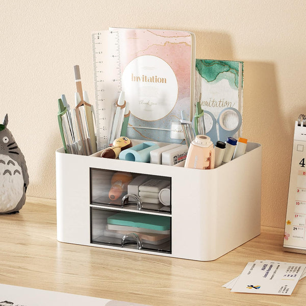 Marbrasse Pen Organizer with 2 Drawer, Multi-Functional Pencil Holder for Desk, Desk Organizers and Accessories with 5 Compartments + Drawer for