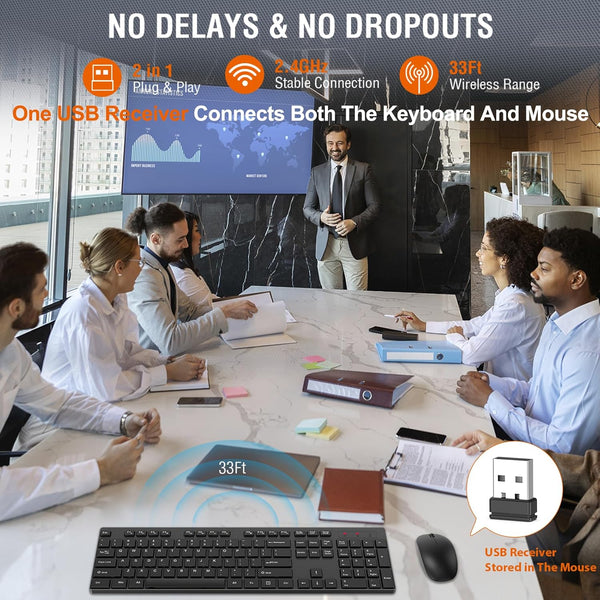 Wireless Keyboard and Mouse Combo, EDJO Silent Full Size Cordless USB Keyboard Mouse, 2.4Ghz Lag-Free, Long Battery Life, for Computer, Laptop,