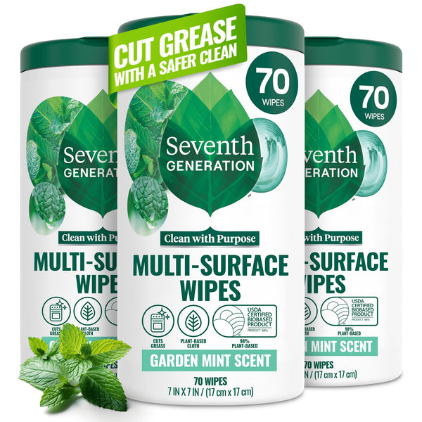 Seventh Generation Multi Purpose Wipes All Purpose Cleaning Garden Mint Scent with 100% Essential Oils and Botanical Ingredients 70 Count, Pack of 3