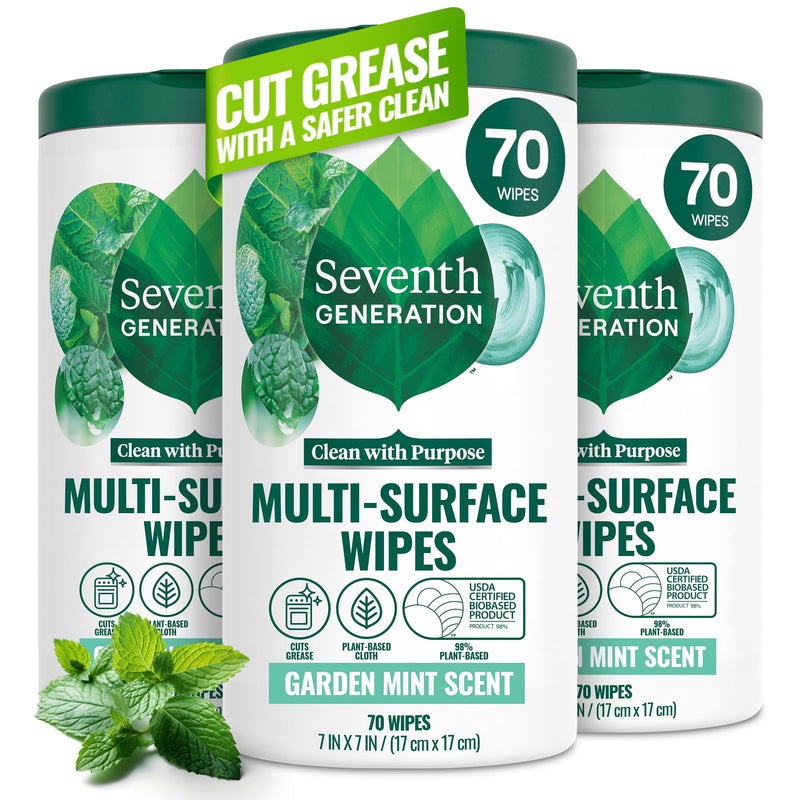 Seventh Generation Multi Purpose Wipes All Purpose Cleaning Garden Mint Scent with 100% Essential Oils and Botanical Ingredients 70 Count, Pack of 3