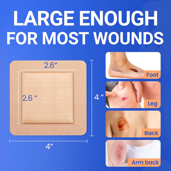 Large Waterproof Bandages 4X4 Silicone Foam Dressing for Sensitive Skin Wound Care, Adhesive Cohesive Pad with Border for First Aid, 10 Packs,