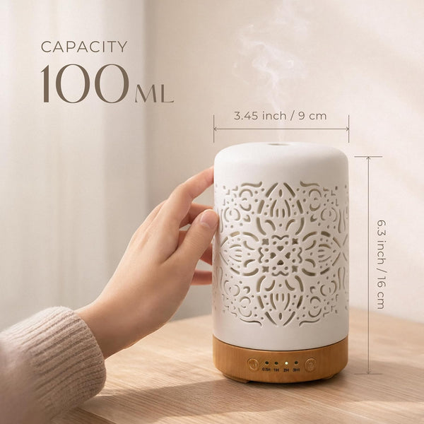 Earnest Living Essential Oil Diffuser White Ceramic Diffuser 100 Ml Timers Night Lights and Auto off Function Home Office Humidifier Aromatherapy