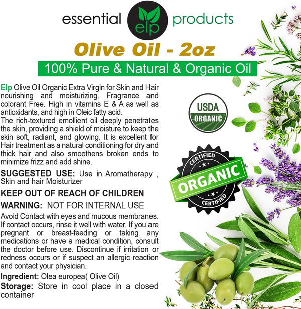 ELP Pure Organic Castor Oil - Promotes Hair, Eyebrow and Eyelash Growth - Diminishes Wrinkles and Signs of Aging - Hydrates and Nourishes Skin -