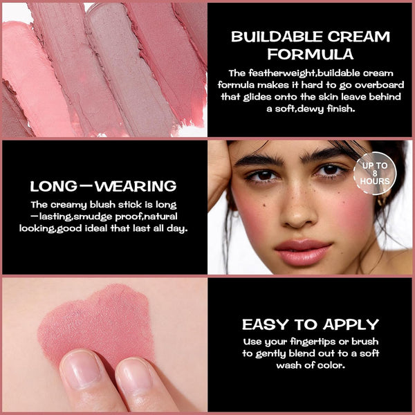 FOCALLURE Cream Blush Makeup,Buildable Blush Stick for Cheeks,Matte and Dewy Finish,Long Wearing,Easy Application,Lightweight Multi Stick,Rose FLUSH
