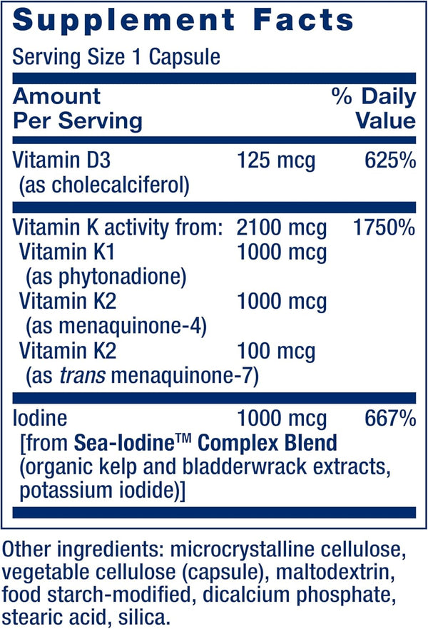 Life Extension Vitamins D and K with SeaIodine Bone Brain Thyroid Arterial Support Non GMO Once Daily Gluten Free, 60 Count 60 Count (Pack of 1)