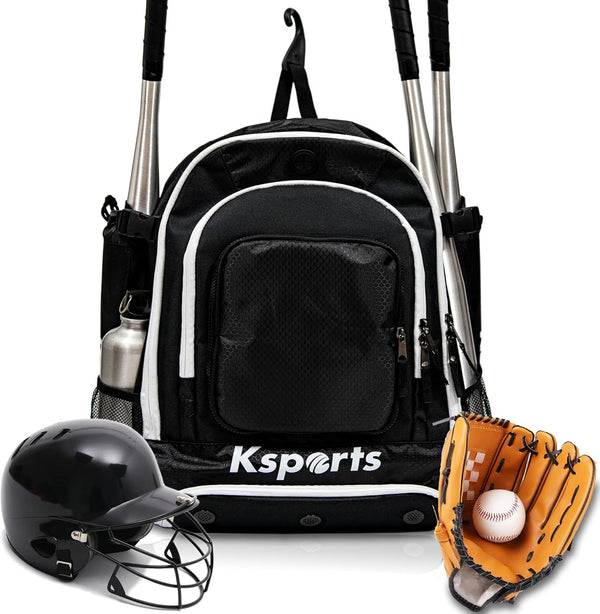 Ksports Baseball Backpack - Durable T-Ball & Softball Equipment Bag - Bat, Helmet, Glove, Gear Storage - Shoe Compartment & Fence Hook - Ideal for