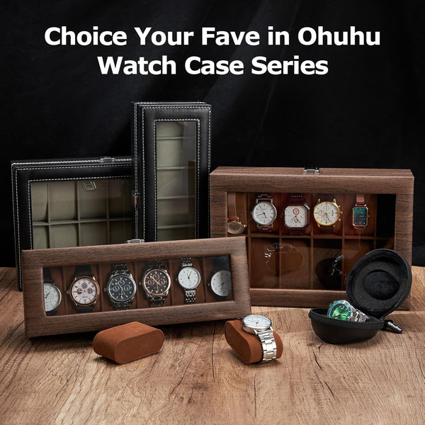 Ohuhu Watch Case, 12 Slot PU Leather Real Glass Lid, Watch Box Watch Holder Organizer Display Storage Box Soft Velvet Jewelry Box for Men and
