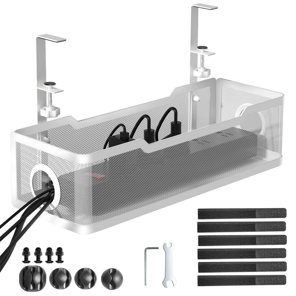 Under Desk Cable Management Tray White, Cinati Wire Organizers No Drill, Cable Tray with Clamp for Wire Management, Cord Organization Box for