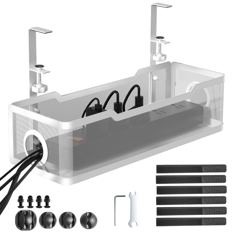 Under Desk Cable Management Tray White, Cinati Wire Organizers No Drill, Cable Tray with Clamp for Wire Management, Cord Organization Box for
