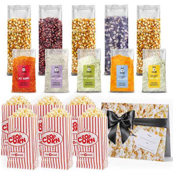 Pop N' Dulge Popcorn Movie Night Supplies 16 Pcs Gift Set, 5 Gourmet Popcorn Kernels, 5 Seasoning Variety Packs Non-Gmo Kosher Snacks, Great