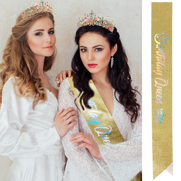 Velscrun Colourful Crystal Birthday Queen Tiara Crown for Women Girls Birthday Queen Headband Sash Elegant Princess Crown with Combs Hair