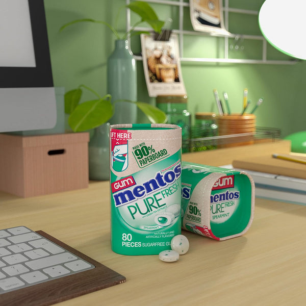 Mentos Pure Fresh Sugar-Free Chewing Gum with Xylitol, Spearmint, in a Recyclable 90% Paperboard Bottle, 80 Piece, Pack of 4 Bottles