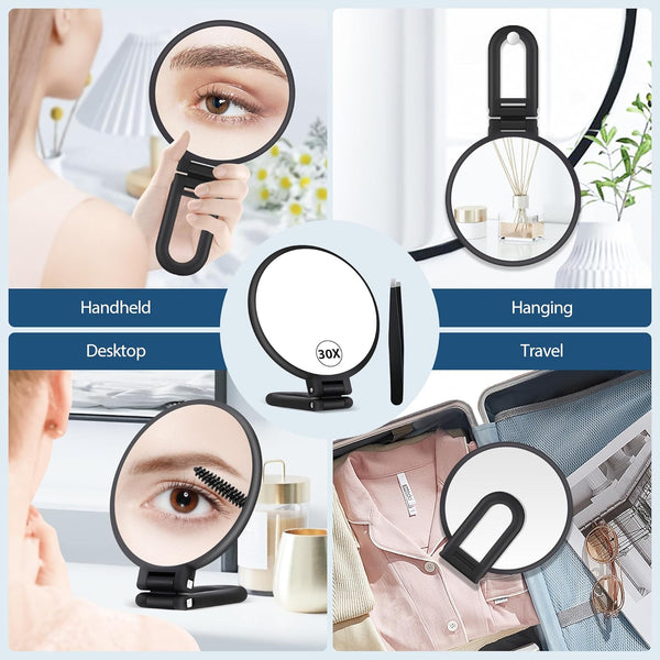 B Beauty Planet 30X Magnifying Mirror, Hand Mirror with Handle, Double Sided Hand Mirror with 30X/1X Magnification, Travel Essential Portable