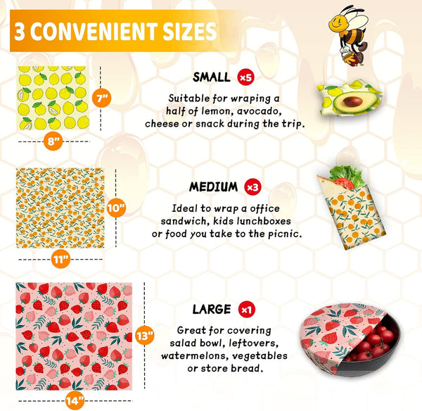 Reusable Beeswax Wrap - 9 Pack Eco-Friendly Beeswax Wraps for Food, Organic, Sustainable, Biodegradable, Zero Waste, Plastic-Free Food Storage, 1L