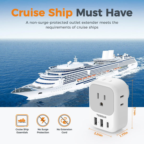 USB Wall Charger, Wall Plug Adapter Outlet Extender, TESSAN 3 Charger Block (1 USB C Port), Multi Charging Station for Cruise, Bathroom, Office,