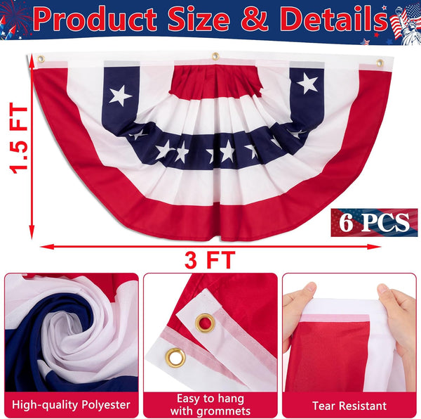 6 PCS 4Th of July Decorations Outdoor, 1.5 X 3 FT American Flag Banner, Patriotic Bunting USA Pleated Fan Flags US Half Fan Flag Independence Day