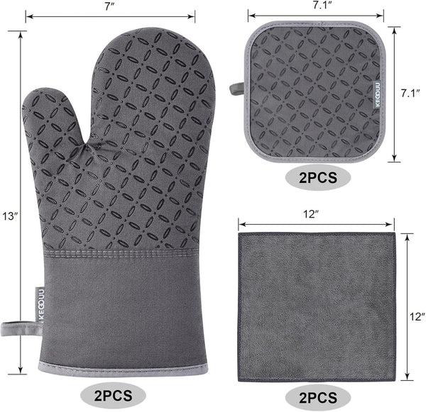 KEGOUU Oven Mitts and Pot Holders 6pcs Set, Kitchen Oven Glove High Heat Resistant 500 Degree Extra Long Oven Mitts and Potholder with Non-Slip