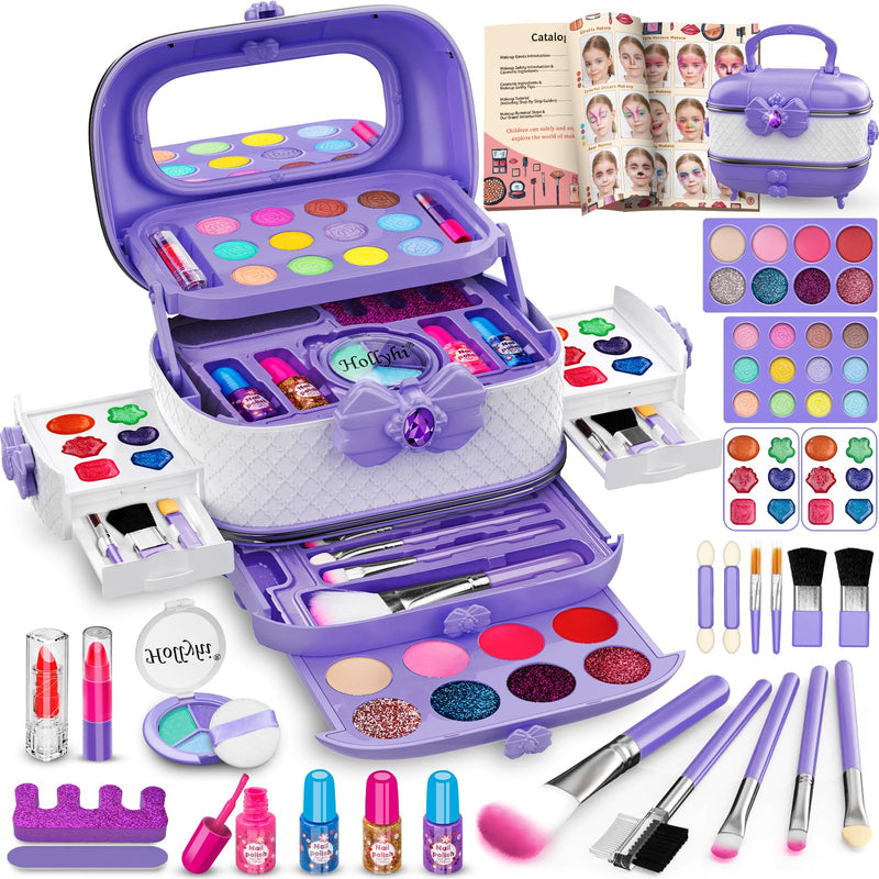 Hollyhi 58 Pcs Kids Makeup Kit for Girl, Princess Toys Real Washable Cosmetic Set with Mirror, Kids Makeup Sets for Girls, Play Make up Birthday