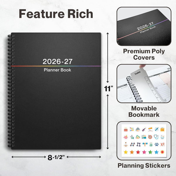Dunwell Large Planner 2025-2026 Academic Year, 8.5 X 11 Daily Planner July 2025 - June 2026, Black Calendar Book with Colorful Tabs, Bookmark,