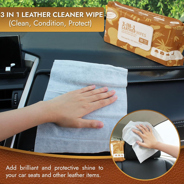 Air Jungles 3In1 Leather Cleaner Wipes 70 Count, Extra Large 8" X 10" Size, Clean Condition Protect Wipes for Vinyl and Leather Apparel Furniture