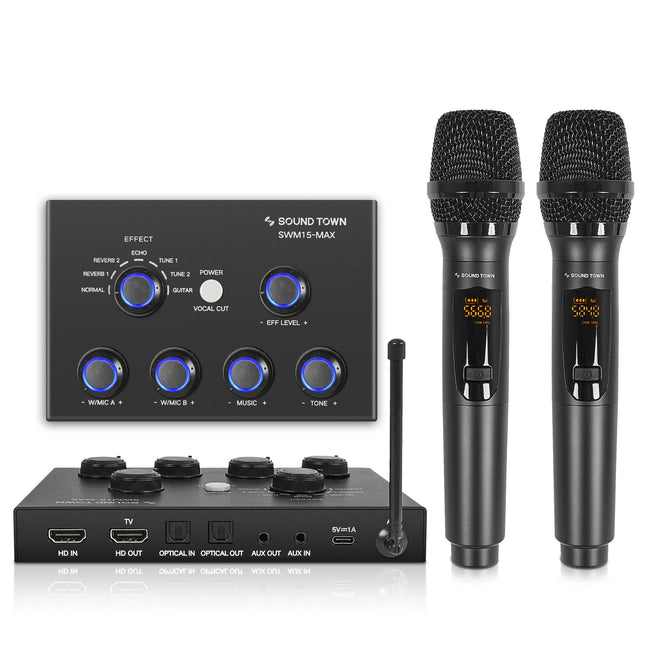 Sound Town 16 Channels Wireless Microphone Karaoke Mixer System W/ 2 Wireless Mics, HD ARC, Optical (Toslink), AUX, Supp