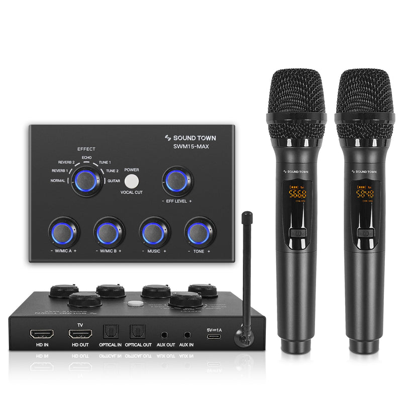 Sound Town 16 Channels Wireless Microphone Karaoke Mixer System W/ 2 Wireless Mics, HD ARC, Optical (Toslink), AUX, Supports Smart TV, Media Box,
