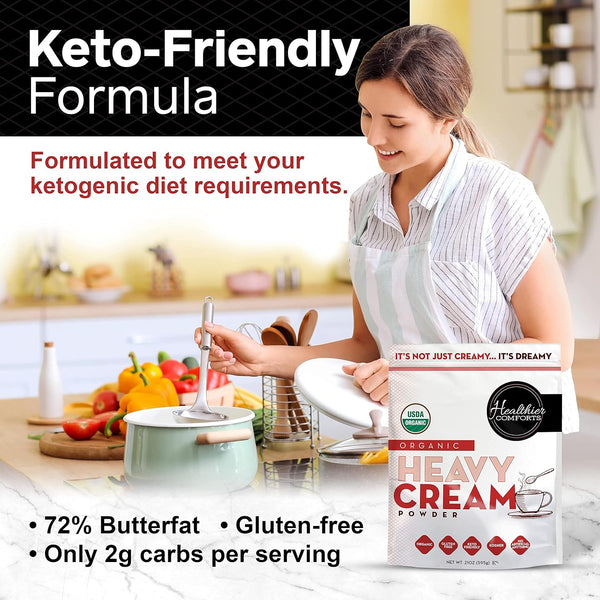 Healthier Comforts Organic Heavy Cream Powder (21 Oz) | Kosher, Gluten Free, Non-Gmo, and Keto Friendly | Long Lasting, Easy Sauces, Baking | Made