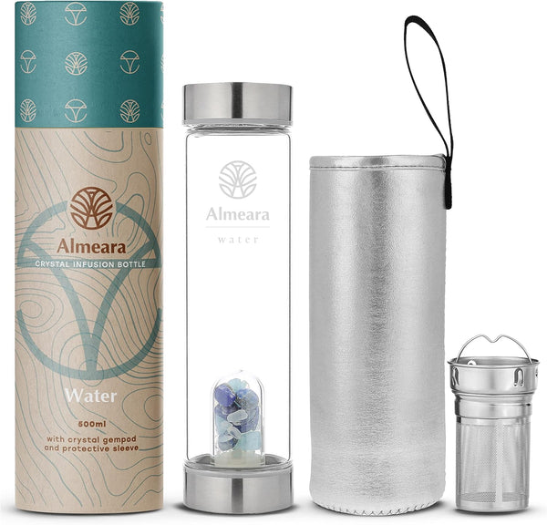Almeara Crystal Water Bottle with Authentic Lapis Lazuli, Opal Stones & Aquamarine Removable Gemstones, Loose Leaf Tea Infuser - Relaxation,
