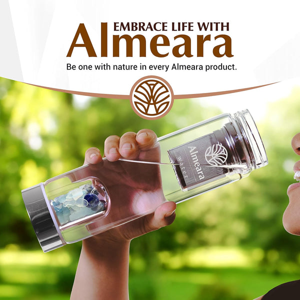 Almeara Crystal Water Bottle with Authentic Lapis Lazuli, Opal Stones & Aquamarine Removable Gemstones, Loose Leaf Tea Infuser - Relaxation,