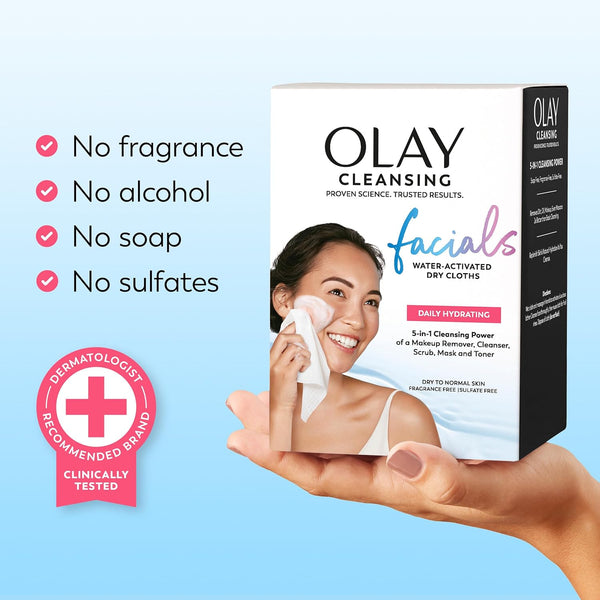 Olay Daily Facials, Daily Clean Makeup Removing Facial Cleansing Wipes, 5-In-1 Water Activated Cloths, Exfoliates, Tones and Hydrates Skin, 66 Count