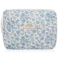 Floral Makeup Bag, Large Cosmetic Bag for Women Girls, Cute Cotton Make up Pouch, Quilted Makeup Bags, Flower Travel Toiletry Organizer Bag(Blue