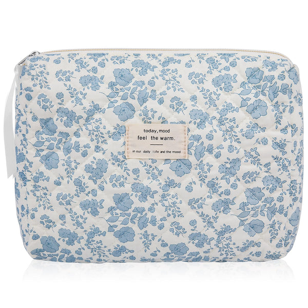 Floral Makeup Bag, Large Cosmetic Bag for Women Girls, Cute Cotton Make up Pouch, Quilted Makeup Bags, Flower Travel Toiletry Organizer Bag(Blue